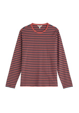 Cămașă cu mâneci lungi și decolteu rotund, cu dungi orizontale roșii și bleumarin, realizată dintr-un material moale. Croială dreaptă, fără alte ornamente.