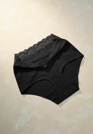 Chiloți negri din bumbac, cu talie înaltă, cu un detaliu din dantelă la talie și material neted, având un design simplu și fără închideri vizibile.