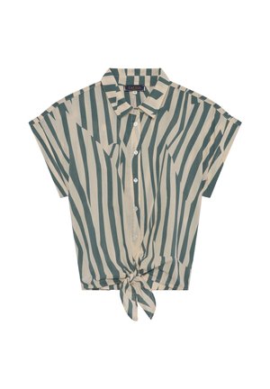Kortärmelig overhemd met knopen en verticale zigzagstrepen in groen en beige, met een knoop aan de voorkant bij de zoom.