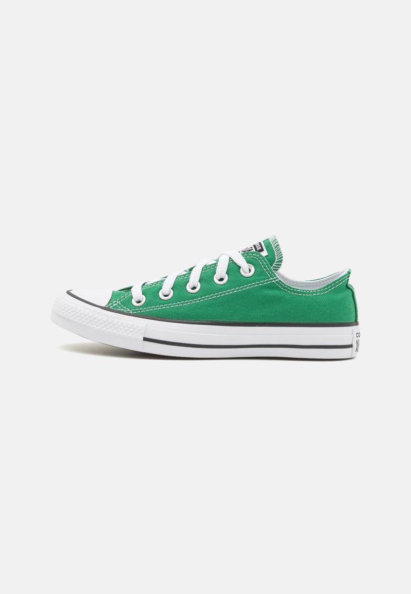 Adidași verzi din pânză, cu șireturi albe, talpă neagră din cauciuc și cap de toe, având cusături contrastante și un logo pe limbă.