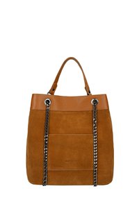 Bruine suède tote bag met een gladde bruine leren bovenkant, zilveren kettingriemen en een voorzak. Heeft een textuurafwerking en een minimalistisch design.