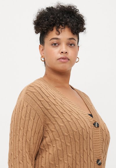 Cardigan en tricot torsadé dans un marron chaud, avec un col en V, deux grands boutons et des bordures côtelées. Texture douce avec une coupe décontractée.