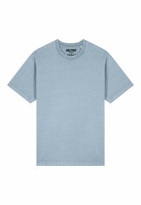 Šviesiai mėlynas medvilninis marškinėliai trumpomis rankovėmis ir apvaliu iškirpimu. Paprastas dizainas, be matomų raštų ar akcentų. Etiketėje parašyta "MIRA PARIS."