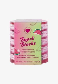 Paleta cieni do nakładania na siebie w różowo-zielonym pudełku. Zawiera pięć kolorów, każdy w przezroczystym, okrągłym pojemniku z motywem arbuza.