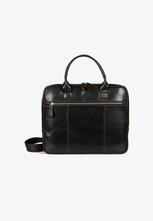 Ciemnobrązowa skórzana teczka z górnymi uchwytami, przednią kieszenią na zamek oraz odpinanym paskiem na ramię na białym tle.