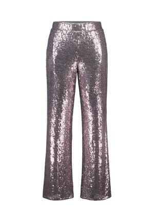 Glanzende, uitlopende broek bedekt met roze en zilveren pailletten, voorzien van een brede tailleband en een gladde binnenvoering voor comfort.