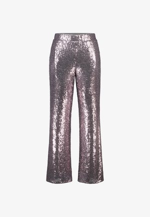 Pantalon brillant évasé recouvert de sequins roses et argentés, avec une large ceinture et une doublure intérieure lisse pour le confort.