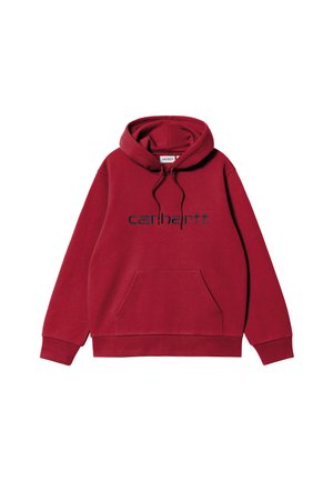 Felpa rossa con cappuccio e tasca frontale, con il logo Carhartt nero stampato sul petto, dotata di cordini sul cappuccio.