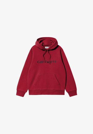 Felpa rossa con cappuccio e tasca frontale, con il logo Carhartt nero stampato sul petto, dotata di cordini sul cappuccio.