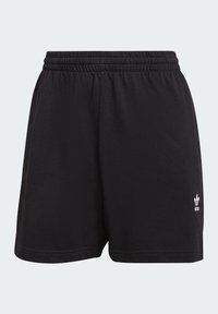 Musta urheilushortsit pehmeästä kankaasta, joissa on joustava vyötärö ja valkoinen logo oikeassa alakulmassa.