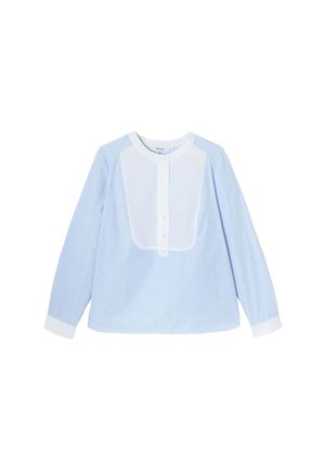 Chemise à manches longues bleu clair avec col blanc et panneau avant. Dotée d'une fermeture à boutons et de poignets blancs contrastants. Texture lisse.