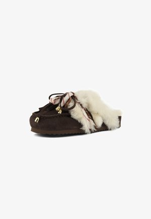 Pruun seemisnahast slip-on-tüüpi mokassiin valge karvase voodriga, mustriga lipsnöörid ja väikesed kuldsed metallotipud varbal.