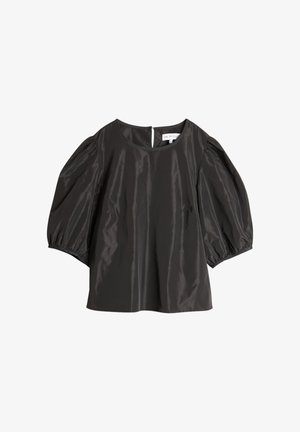 Svart, satenglanset bluse med puffede ærmer, rund halsutskjæring og glidelås i ryggen. Jevn tekstur og draperende silhuett.