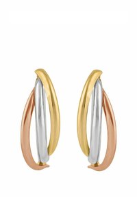 Tri prepletané kruhové náušnice v zlatom, striebornom a ružovozlatom kovu. Hladké, lesklé povrchy s tvarmi v oblúkoch a minimalistickým dizajnom.