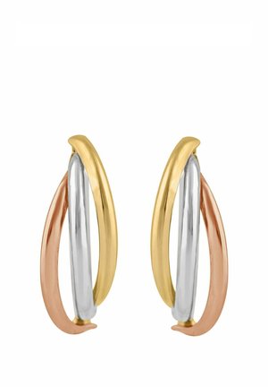 Tri prepletané kruhové náušnice v zlatom, striebornom a ružovozlatom kovu. Hladké, lesklé povrchy s tvarmi v oblúkoch a minimalistickým dizajnom.
