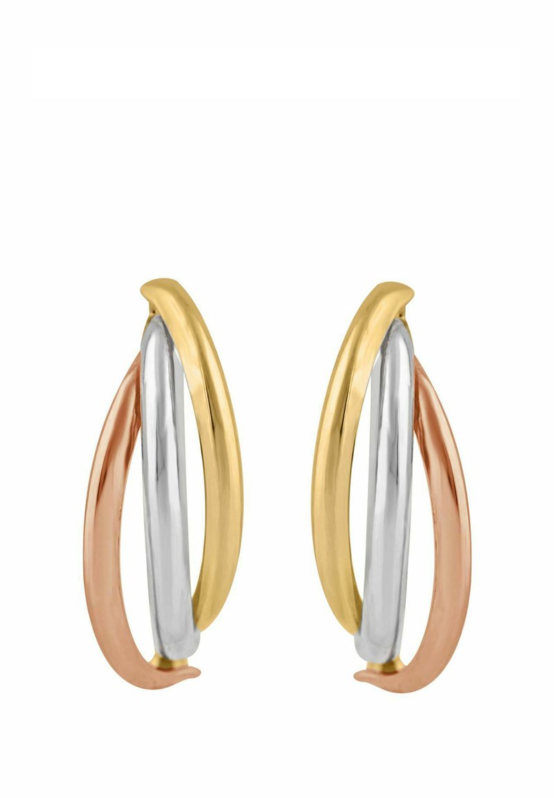 Tri prepletané kruhové náušnice v zlatom, striebornom a ružovozlatom kovu. Hladké, lesklé povrchy s tvarmi v oblúkoch a minimalistickým dizajnom.