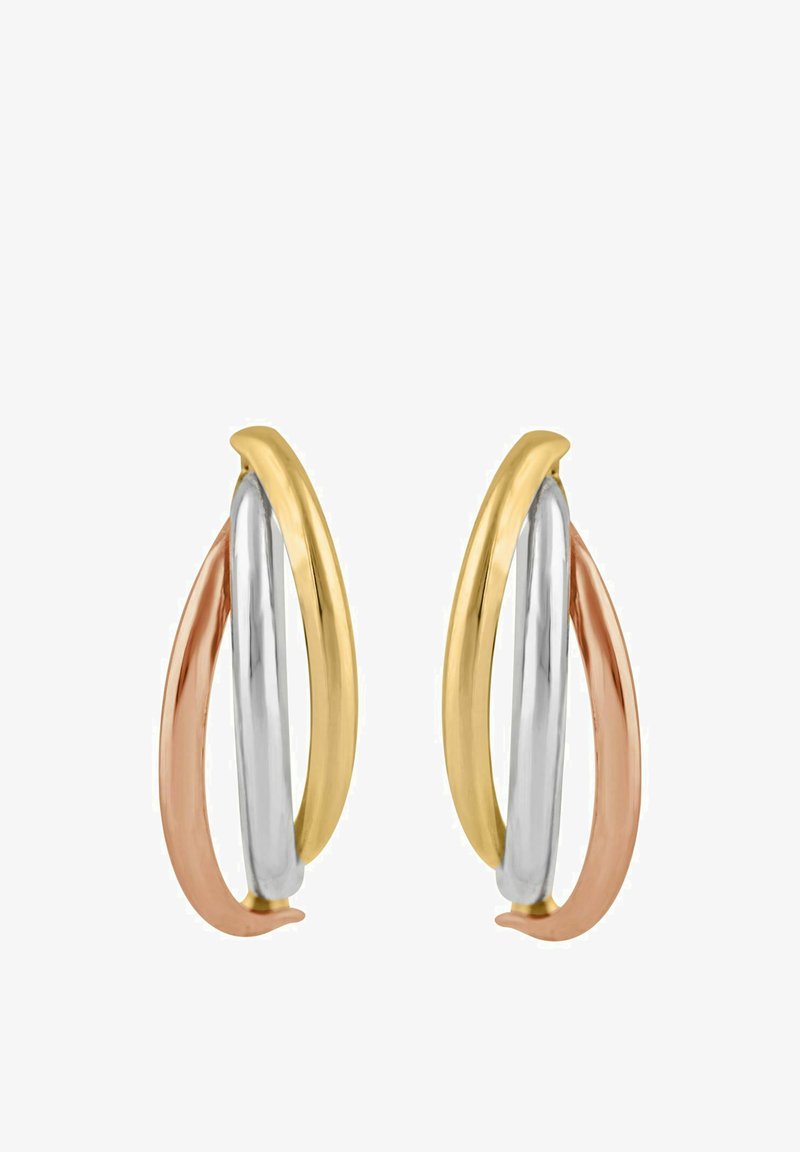 Tri prepletané kruhové náušnice v zlatom, striebornom a ružovozlatom kovu. Hladké, lesklé povrchy s tvarmi v oblúkoch a minimalistickým dizajnom.