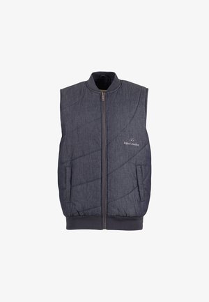 Gevoerde, mouwloze vest in donkergrijze stof met een quiltpatroon, voorrits en twee zijzakken. Logo gedrukt op de borst.
