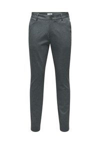Grå skræddersyede bukser lavet af tekstureret stof, med knaplukning, bæltestropper og en slim fit-design.