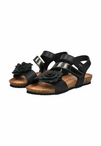 Black sandals with a cork footbed, featuring a floral accent on the toe strap and metallic detailing on the upper straps.