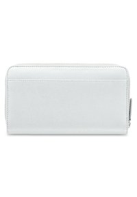 White leather wallet with a textured surface, horizontal design, and a zip closure on one side. Smooth stitching along the edges.