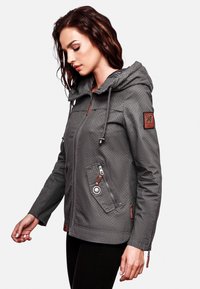 Gray, hooded jacket with a textured pattern, zippered pockets, and brown accents on the sleeves and front. Features a front zipper closure.