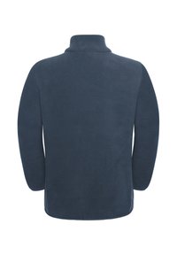 Pullover di pile blu scuro con colletto alto, maniche lunghe, texture morbida e orlo arrotondato, progettato per calore e comfort.