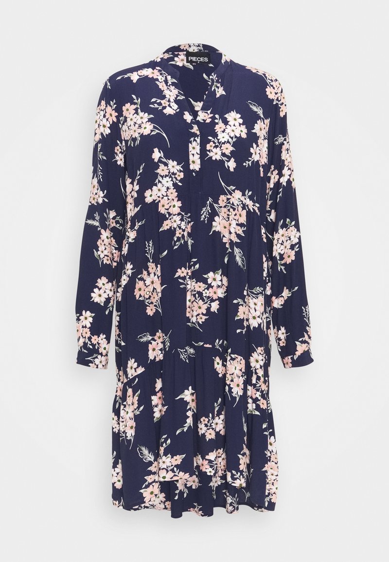 Robe bleu marine à manches longues avec motif floral rose et blanc, encolure en V et coupe ample et fluide.