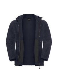Giacca in pile di un blu navy scuro, con zip frontale, cappuccio e interno a contrasto. Tessuto esterno strutturato con rivestimento interno liscio.