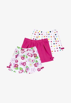 Trois paires de shorts : un short uni rose, un short à pois multicolores, et un short blanc à motif floral. Présentent des ceintures élastiques et des nœuds.
