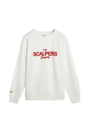 Sudadera blanca con el texto bordado en rojo "THE SCALPERS Company", con mangas raglán y puños y dobladillo acanalados.