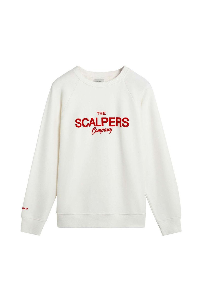 Sudadera blanca con el texto bordado en rojo "THE SCALPERS Company", con mangas raglán y puños y dobladillo acanalados.