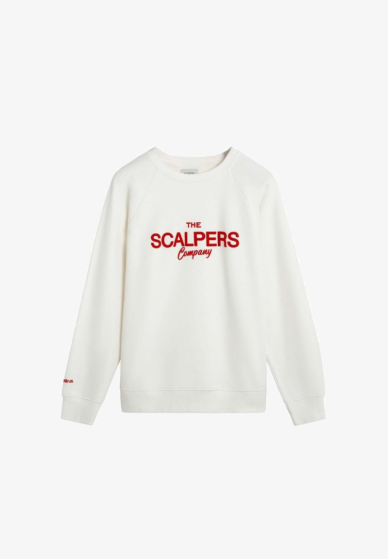 White sweatshirt featuring red embroidered text "THE SCALPERS Company," with raglan sleeves and ribbed cuffs and hem.