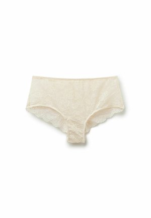 Braguitas hipster de encaje en color crema claro, con patrones florales, bordes ondulados y una textura suave. Diseñadas para un ajuste cómodo.