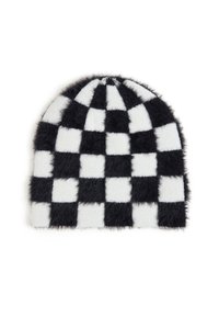 Černo-bílá kostkovaná čepice vyrobená z měkké, texturované tkaniny, s oblíbeným zaobleným vrcholem a kontrastními čtvercovými vzory po celém povrchu.