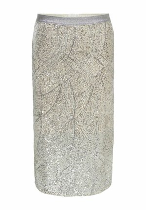 Srebrna ołówkowa spódnica z cekinami, z wirującym geometrycznym wzorem i metalicznym elastycznym paskiem w talii.