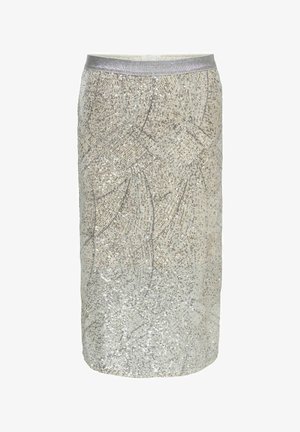 Srebrna ołówkowa spódnica z cekinami, z wirującym geometrycznym wzorem i metalicznym elastycznym paskiem w talii.