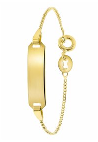 Gouden armband met een glad rechthoekig plaatje, verbonden door een fijne ketting met een ronde sluiting en een ovale accentschakel.