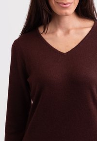Bordeaux-farbener V-Ausschnitt-Pullover aus weichem, strukturiertem Stoff mit langen Ärmeln. Das Design zeichnet sich durch eine figurbetonte Silhouette und einen schlichten, klaren Ausschnitt aus.