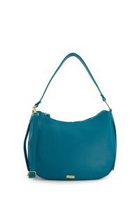 Taschen Schultertasche aus teal Leder mit geschwungener Form, goldenen Beschlägen und einem verstellbaren Trageriemen. Verfügt über einen Reißverschluss und eine strukturierte Oberfläche.
