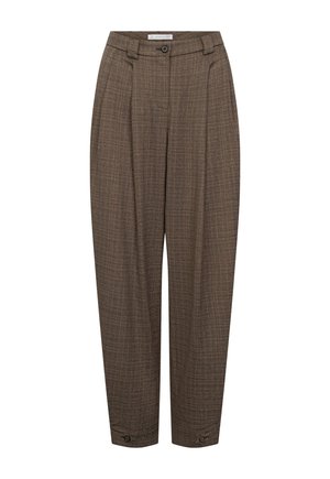 Maßgeschneiderte braune karierte Hose mit Frontfalten, Knopfverschluss in der Taille und mit Knöpfen versehene Riemen an den Beinabschlüssen.