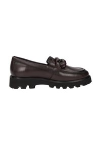 Braune Lederloafers mit einem geknoteten Akzent auf dem Riemen, ausgestattet mit einer stabilen schwarzen Gummisohle mit tiefen Profilen für besseren Halt.