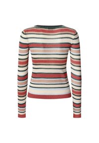 Pull à manches longues côtelé avec des rayures horizontales rouges, beiges, vertes et bleues, avec un col arrondi et une silhouette ajustée.