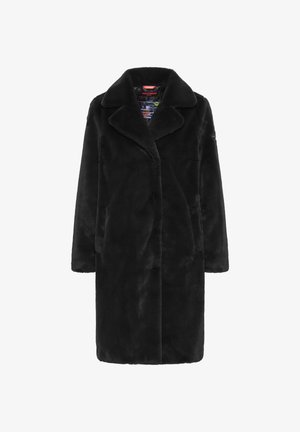 Black faux fur coat with a notched collar, long sleeves, and two side pockets, featuring a soft texture and sleek design.