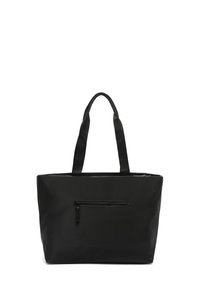 Czarna torba na ramię wykonana z gładkiego materiału, z dwiema wytrzymałymi uchwytami i frontową kieszenią na zamek. Prostokątny kształt z minimalnymi detalami.