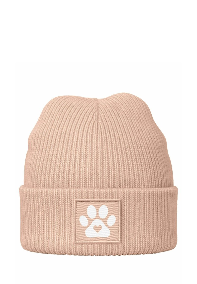 Pink ribbed knit beanie with a folded cuff, featuring a square patch with a white paw print and heart design on the front.