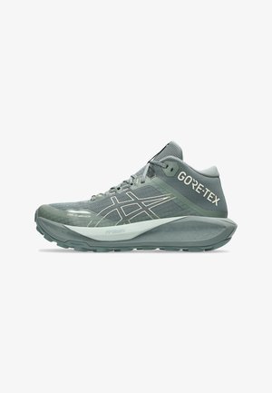 GORE-TEX Trailrunning-Schuh in Hellgrau mit strukturiertem Obermaterial, reflektierenden Akzenten, gepolstertem Schaft und strapazierfähiger Gummisohle für optimalen Halt.