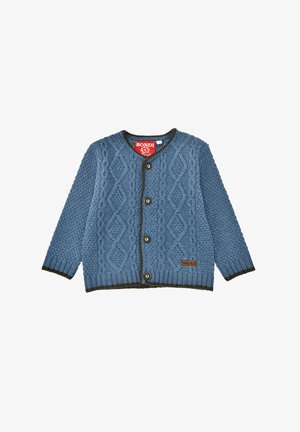 Blauer Strickcardigan mit strukturiertem Diamantmuster, braunen Knopfdetails und einem kontrastierenden Besatz entlang des Halsausschnitts und Saums. Innenetikett mit der Aufschrift "BOND."