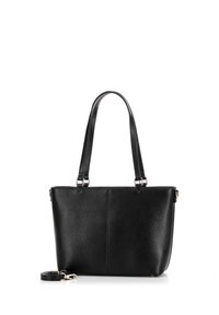 Borsa tote in pelle nera con finitura texture, doppi manici e tracolla rimovibile. Presenta accessori in tonalità argento e una forma strutturata.