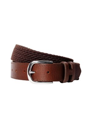 Brown woven fabric and leather belt with silver metal buckle, coiled on a white background.